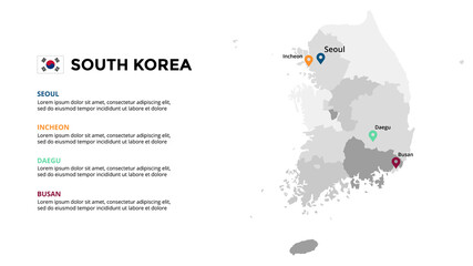 South Korea vector map infographic template. Slide presentation. Global business marketing concept. Asia country. World transportation geography data. 