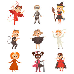 Funny Kid Characters Dressed in Halloween Costumes Vector Set