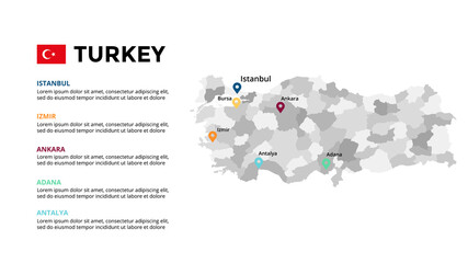 Turkey vector map infographic template. Slide presentation. Istanbul, Izmir, Ankara, Antalya, Adana. Asia country. World transportation geography data. 
