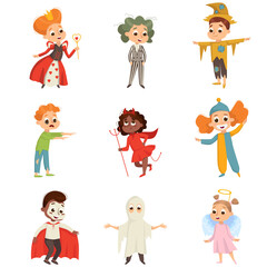 Funny Kid Characters Dressed in Halloween Costumes Vector Set