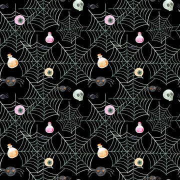 Seamless pattern Halloween spider web on an black background Watercolor hand painted