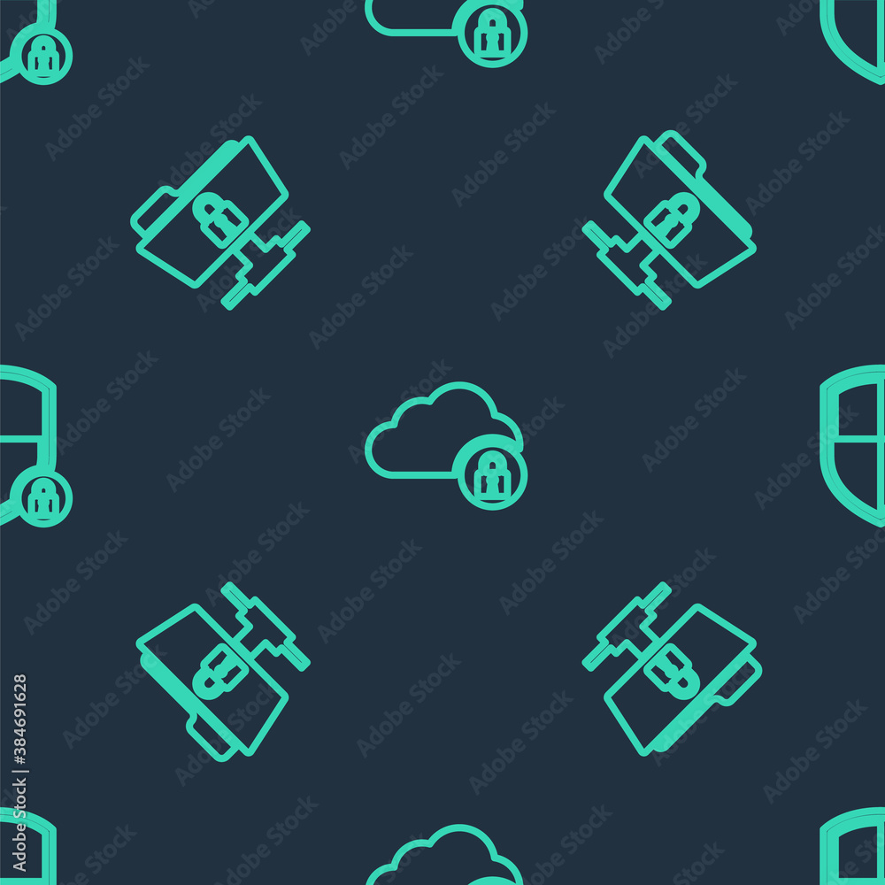 Aufkleber set line cloud computing lock, ftp folder and and shield security with on seamless pattern. vector.