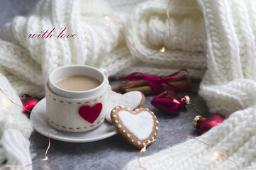 Obraz na płótnie Canvas with love: cup of coffee with milk, heart-shaped cookies, white knitted scarf, red glass hearts. beautiful winter composition.
