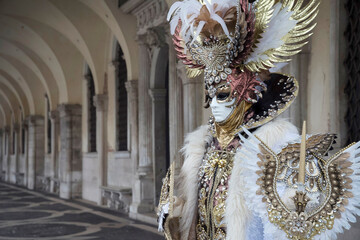 Man in costume of ancient roman soldier at carnival in Venice