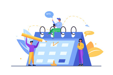 Group of workers dealing with the schedule of days, guy with a big pencil crosses out the day on a big calendar isolated on white background, flat vector illustration