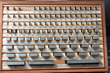 View of the metric gauge blocks. Gauge blocks (also known as gage blocks, Johansson gauges, slip...