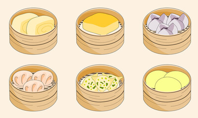 set of steamed bun dim sum yum cha, sponge cake, custard bun in bamboo basket, vector illustration
