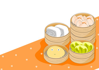set of steamed dumplings dim sum yum cha in bamboo basket, vector illustration