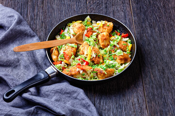 sesame chicken with chinese cabbage, top view