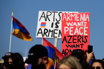 Los Angeles, California, USA - October 2020: Posters at the American demonstration against Armenia - Azerbaijan conflict for Artsakh. Armenians in America protest the war. - 384693457