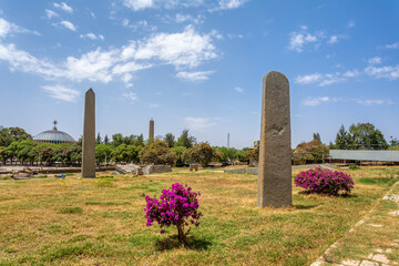 Fototapeta na wymiar Ancient monolith stone obelisk, symbol of the old Aksumite civilization in city Aksum, Ethiopia. UNESCO World Heritage site. African culture and history place. Cradle of life.