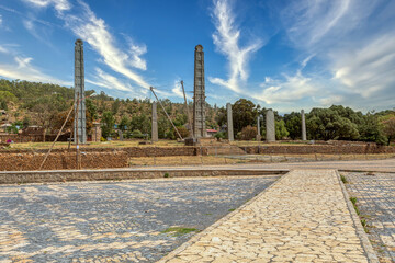 Ancient monolith stone obelisk, symbol of the old Aksumite civilization in city Aksum, Ethiopia....