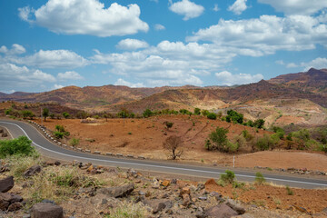 winding road in Semien, Simien Mountains National Park landscape in Northern Ethiopia. Africa countryside wilderness, Sunny day with blue sky