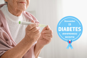 Diabetic woman taking blood sample with lancet pen at home. World Diabetes month