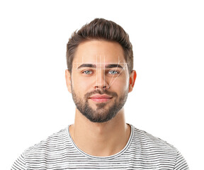 Fototapeta premium Young man with marking for eyebrow correction on white background