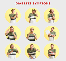 Young man with diabetes symptoms on grey background