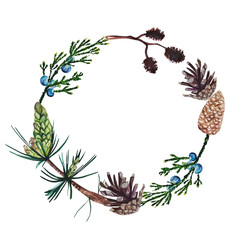 Watercolor hand painted forest wreath with pine, juniper, alder branches and cones. Delicate arrangement is perfect for greeting cards, wedding or party invitations.