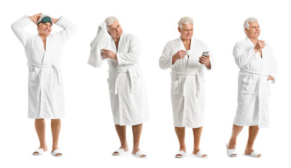 Collage with mature man in bathrobe on white background