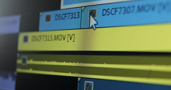 Movie editor adds footages on timeline doing video editing of project in computer program extreme close view