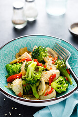 Chicken stir fry with vegetables and mushrooms