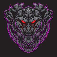 wolf head illustration with a mecha theme, suitable for design for t-shirts, merchandise, stickers, posters, etc.