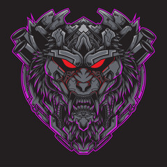 wolf head illustration with a mecha theme, suitable for design for t-shirts, merchandise, stickers, posters, etc.
