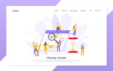 Calendar planning schedule business concept vector illustration. Tiny people with large pencil, magnifier do working plan on day calendar and checks dates. Time management or deadline web template.