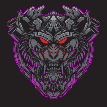 wolf head illustration with a mecha theme, suitable for design for t-shirts, merchandise, stickers, posters, etc.