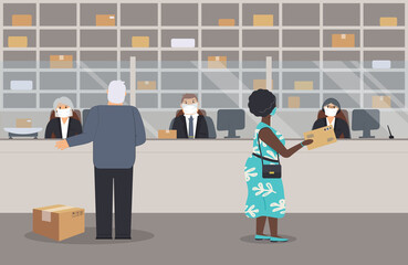 Post office is open during epidemic of virus. Postal workers in protective medical masks serve customers. There are postal scales, parcels, barrier, people in PPE,shelving,boxes.Raster illustration
