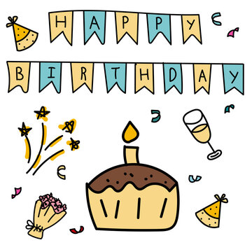 happy birthday card and cake with candle, vector color element in doodle style, cute drawing for kids