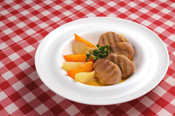 Fresh grilled steaks with mango fruit pieces. Meat dish. Healthy delicious dinner. Healthy diet.