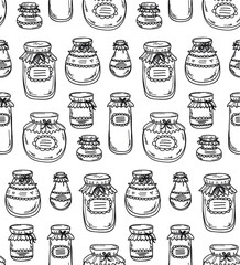 Cute seamless pattern with hand drawn jars different shape with jams. Vector