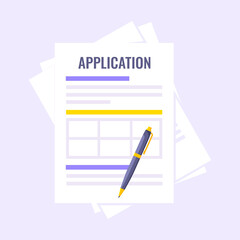 Application document form submit flat style design icon sign vector illustration isolated on light purple background. Complete application or survey document business concept with text contract stamp.