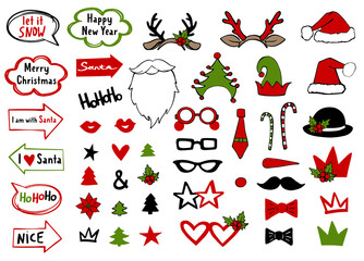 Christmas holiday photo booth props. Vector xmas masquerade party costume accessories collection. Noel decoration with fun sign in arrow and bubble. Happy new year cartoon illustration card background © Sopelkin