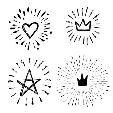 Doodle burst with heart, crown, star on white background. Black vector hand drawn sketch illustration. Sun, starburst sparkle, sunburst set. Sparkle explosion. Marker handdrawn line. Retro spark shine
