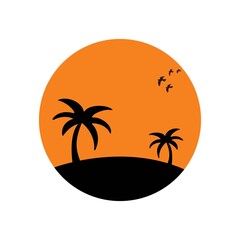 sunset and coconut tree silhouette vector logo