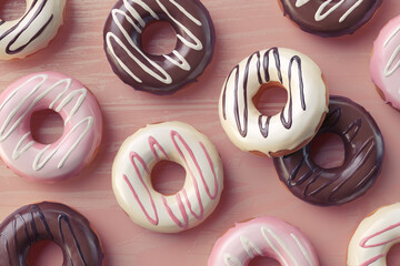 3d rendering with group of a tasty donuts with cream topping on a pink background