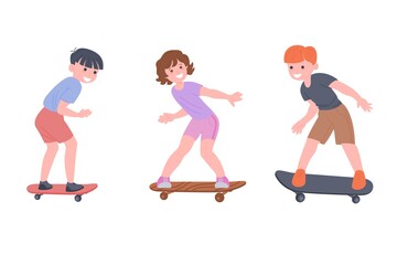 Happy children ride a skateboard, playing sports games. The boys and the girl are doing physical exercises. Active healthy childhood. Cartoon flat vector illustration isolated on white background.