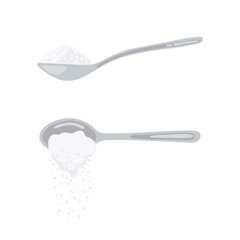 Sugar spoon full of powder crystals of salt or sugar vector illustration set. Teaspoon side view with cooking and baking ingredients need for drinks - coffee or tea. Clean organic eco food.