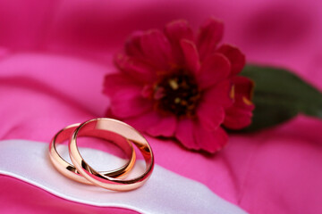 wedding rings and pink flower