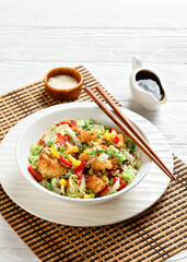 sesame chicken with chinese cabbage, top view