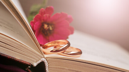 wedding rings, a pink flower and retro book