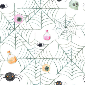 Seamless pattern Halloween spider web on an white background Watercolor hand painted