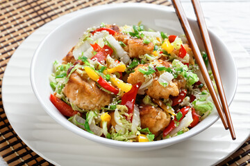 sesame chicken with chinese cabbage, top view