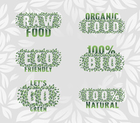 Vector eco theme logo labels. Badges made of green leaves.