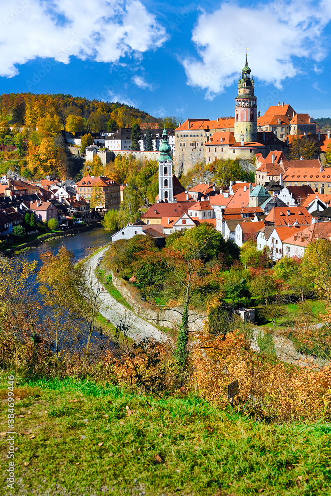 Sticker State Castle and Chateau Cesky Krumlov, Czech Republic, Old Town and Autumn In the afternoon with the blue sky and beautiful clouds.