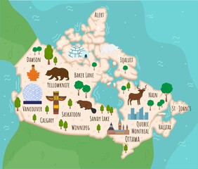 Cartoon map of Canada. Travel illustration with canadian landmarks, buildings, food and plants. Funny tourist infographics. National symbols. Famous attractions. Vector illustration