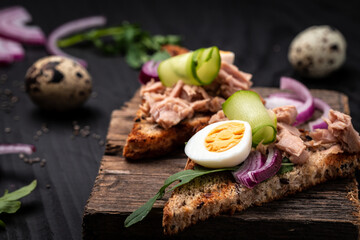 Italian bruschetta sandwiches with canned tuna, cucumber, quail eggs and onions, Toasts with tuna. Italian cuisine, Delicious breakfast or snack top view