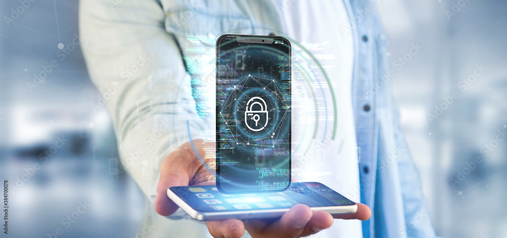 Poster businessman holding security data and smartphone security - 3d rendering
