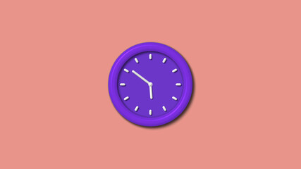 Amazing counting down purple color 3d wall clock isolated on red light background, 12 hours wall clock
